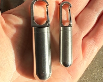 Stainless steel survival pill holder. Screw lid keychain with lobster clasp