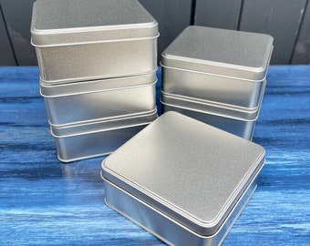 Food safe square tin with slip lid - stepped for stacking. 152 x 63mm