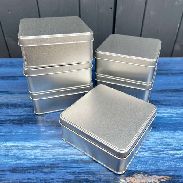 Food safe square tin with slip lid - stepped for stacking. 152 x 63mm