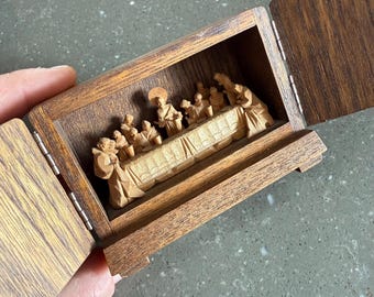 Tiny vintage handmade wooden diorama. The Last Supper