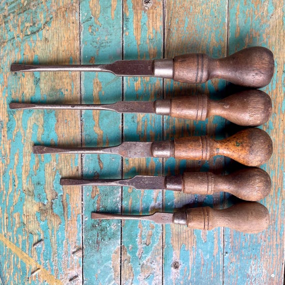 Set of 5 Large Vintage Wooden Handle Flathead Screwdrivers. Carpenter Tools Etsy Australia