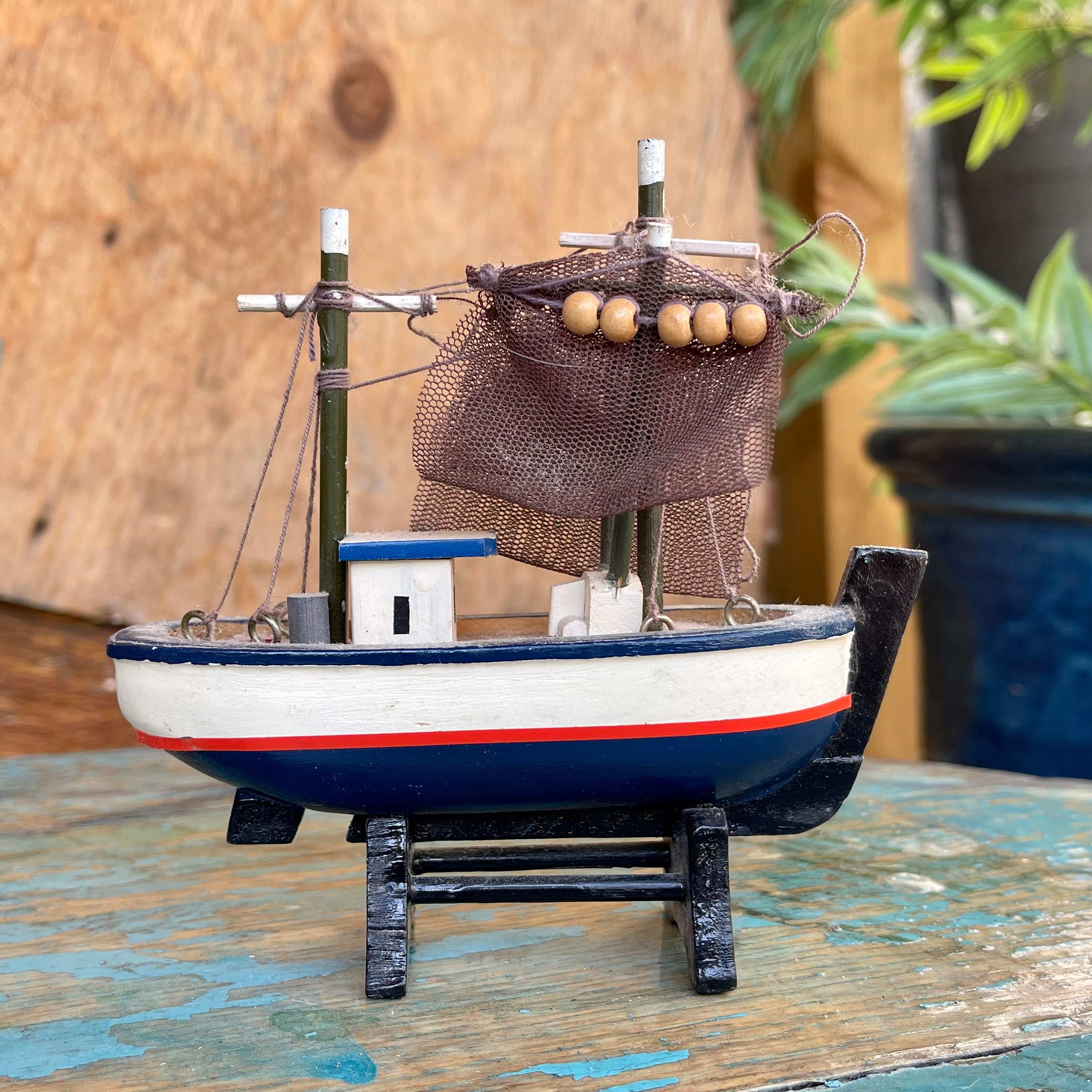 Vintage Miniature Wooden Model Fishing Boat 