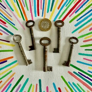 May include: A collection of vintage keys of different sizes and designs, positioned around a coin. The keys have a weathered, aged look. The background is a white canvas decorated with colourful vertical stripes.
