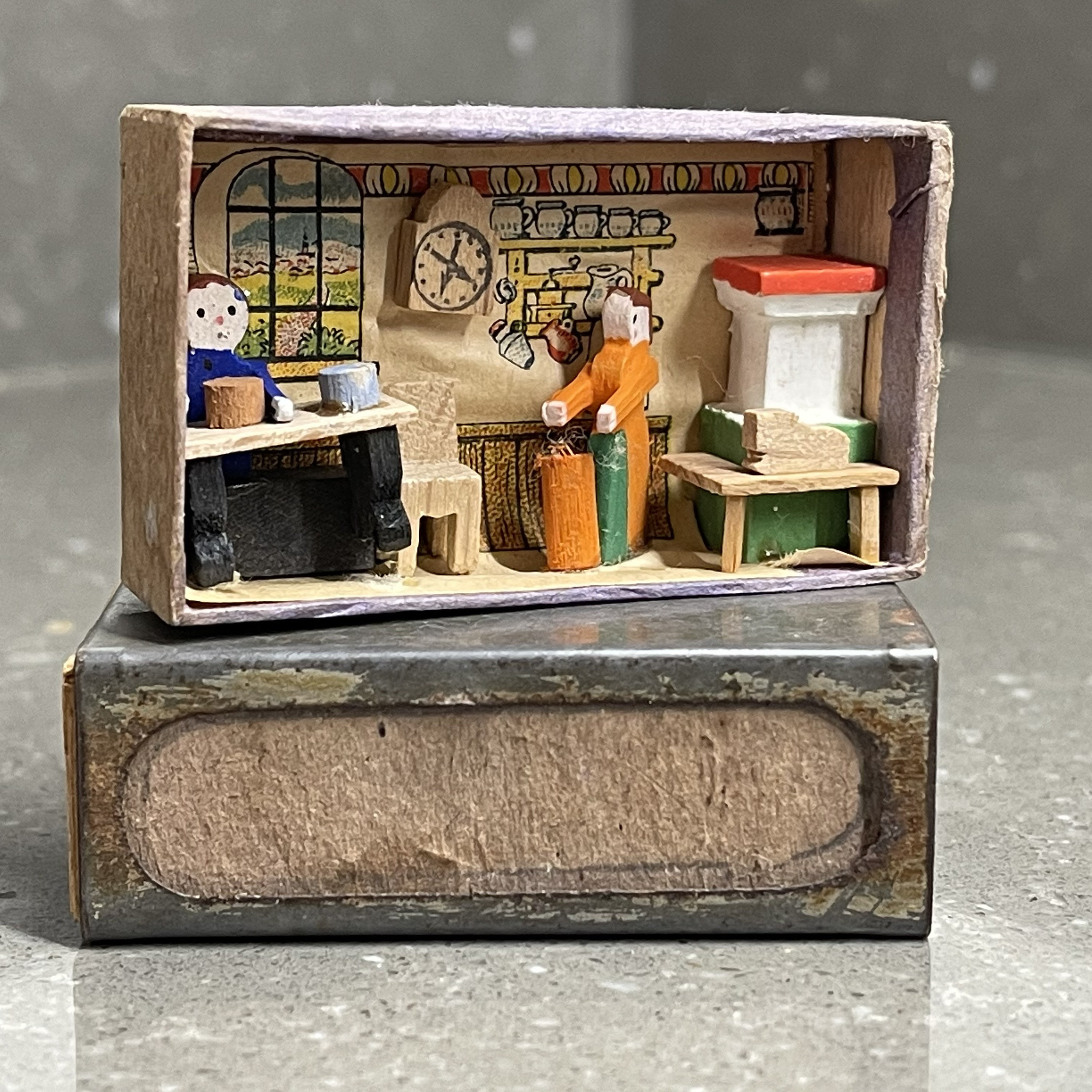 Vintage Miniature Metal Cased Matchbox Wooden Diorama Vintage Miniature Metal Cased Matchbox Wooden Diorama