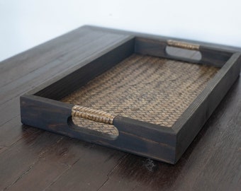 Teaware Tray - Dark wood and Bamboo tapestry - Tea tray for Gong fu Cha - Wooden serving tray handmade from Thailand