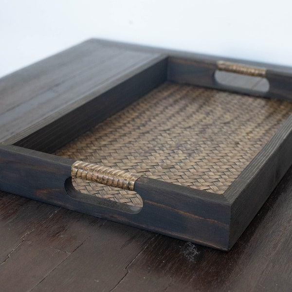 Teaware Tray - Dark wood and Bamboo tapestry - Tea tray for Gong fu Cha - Wooden serving tray handmade from Thailand