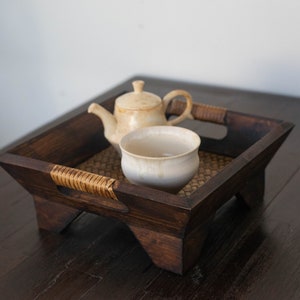 Teaware Tray Dark wood and Bamboo tapestry Tea tray/teaware diplay for Gong fu Cha Wooden serving tray handmade from Thailand zdjęcie 7