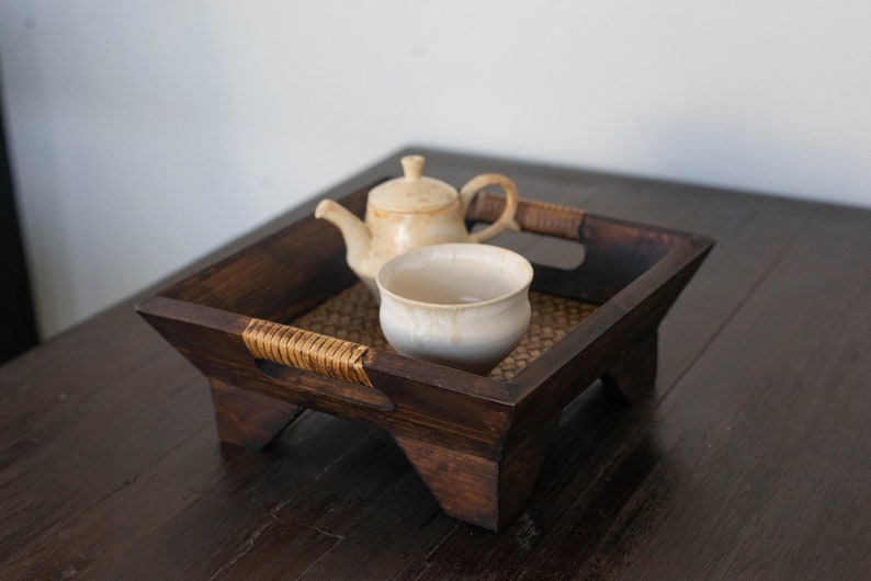 Teaware Tray Dark wood and Bamboo tapestry Tea tray/teaware diplay for Gong fu Cha Wooden serving tray handmade from Thailand zdjęcie 7