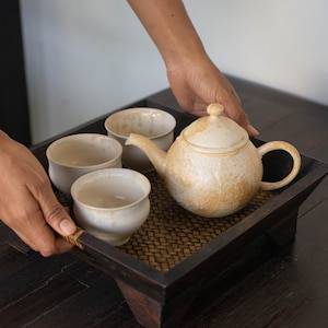 Teaware Tray Dark wood and Bamboo tapestry Tea tray/teaware diplay for Gong fu Cha Wooden serving tray handmade from Thailand zdjęcie 8