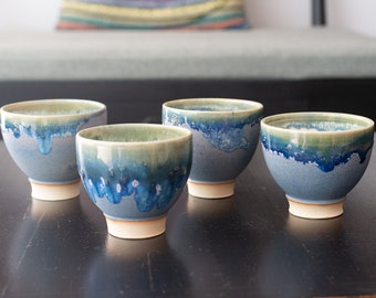 Ceramic Tea cups set of 4 with drippy blue glaze - Tulip shape satin white stoneware teacups, Blue tea cup set classic shape - 150 ml