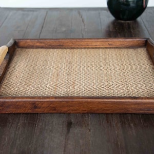 Wooden Tea Tray - Hard wood and Bamboo tapestry - Service tray for tea or picnic - Ottoman style serving tray handmade from Thailand