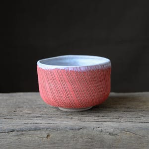 Chawan tea bowl for matcha, Strawberry chawan, in red and matt white glaze, ceramic bowl white glaze and textures, matchawan