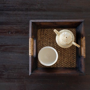 Teaware Tray Dark wood and Bamboo tapestry Tea tray/teaware diplay for Gong fu Cha Wooden serving tray handmade from Thailand zdjęcie 9