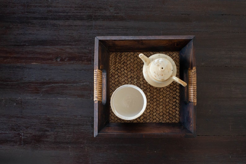Teaware Tray Dark wood and Bamboo tapestry Tea tray/teaware diplay for Gong fu Cha Wooden serving tray handmade from Thailand zdjęcie 9