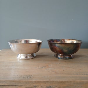 Silverplate Gorman bowl Paul Revere reproduction style 6 1/2" across and 3" tall. 2 available -one tarnished and one shiny