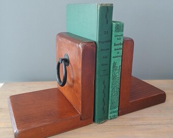 Wood vintage bookends with black rings