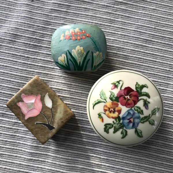 Carved soap stone box with inlayed flower design, pansy trinket box and handpainted wood box - sold as a set