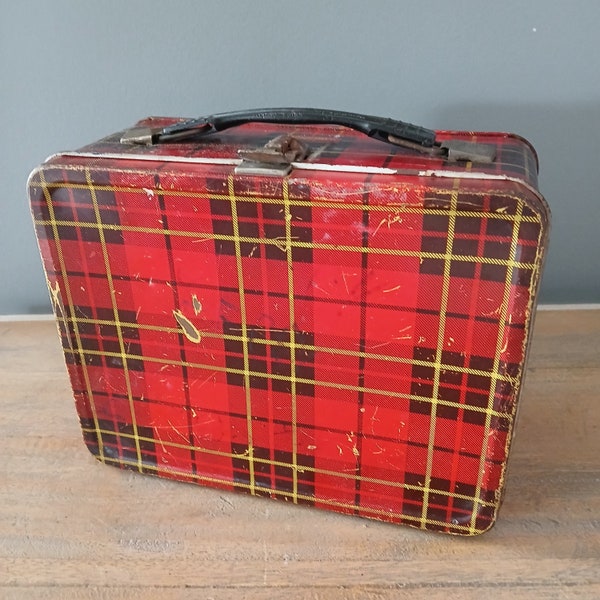 Vintage metal lunch box Thermos red plaid King Seeley