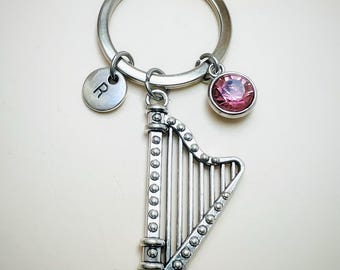 Harp keychain, harp gift, harp jewelry, harp player gift, musical instrument keychain, music, instrument