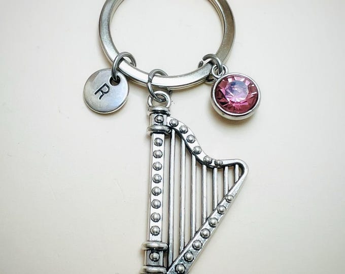Harp keychain, harp gift, harp jewelry, harp player gift, musical instrument keychain, music, instrument