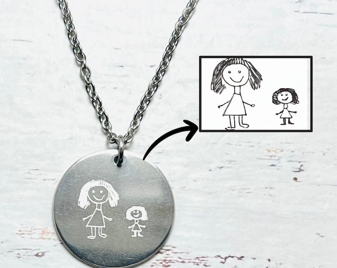 Engraved children's drawing necklace, Personalized children's drawing jewelry, Personalized women's necklace, Gift for mother,
