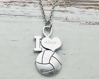 Personalized Name Engraved Volleyball Pendant Necklace, Personalized Name Necklace, Volleyball Sports Medallion with Player Name