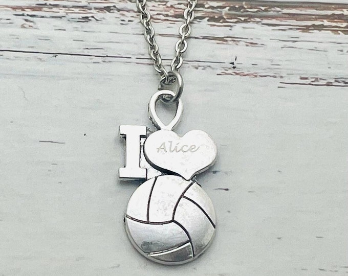 Personalized Name Engraved Volleyball Pendant Necklace, Personalized Name Necklace, Volleyball Sports Medallion with Player Name