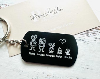 Family key ring, personalized pendant with name, engraved motif, engraved family name, mother, father and son
