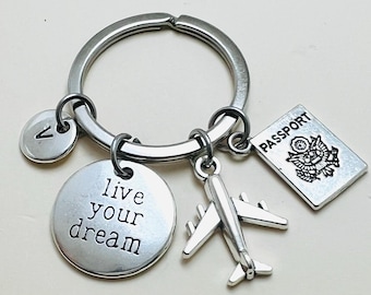 Travel keychain, Traveler key chain, Holiday keyring, Cabin Crew keyfob, live your dream, Air plane, Passport, Flight attendant, keychain,