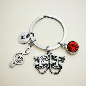 Cadeau voor theaterleraar, cadeau voor theaterstudent, theatermasker sieraden, theater sleutelhanger, komediemasker, muziek,