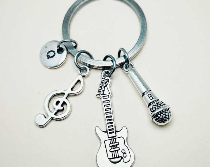 Musician keychain, gift for musician, gift for singer, band gift, guitar keychain, guitar gift, microphone