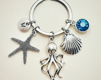 Marine keychain, octopus keychain, starfish, shell, sea gift, sea lovers, beach keychain