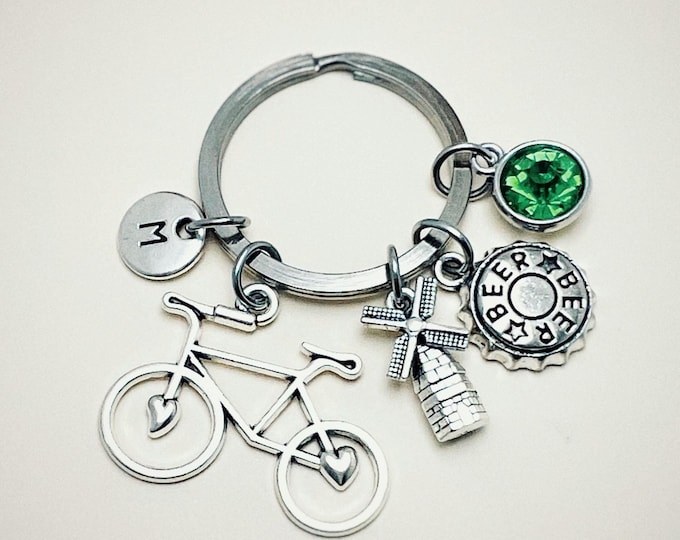 Amsterdam gifts, Amsterdam jewelry, Holland keychain, Dutch keychain, Gift for Dutch, Dutch gifts, Bicycle, Beer, Windmill, Europe, Travel