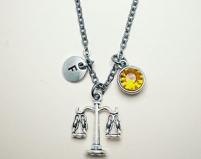 Lawyer Necklace for Women, Personalized Initial and Birthstone,Judge Necklace,Law School,Graduation Gift for Her,Ladder of Justice Charm