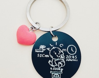 Birth key ring, personalized and engraved with name, date, height and weight, Personalized gift, new mother key ring