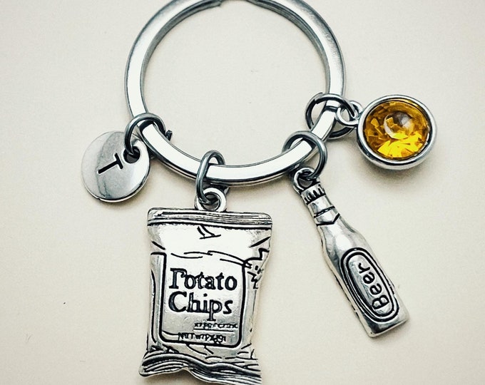 French fries keychain, bag of chips gift, beer keychain , dad keychain , food keychain gift , food charm gift, foodie, brother, fat, lazy