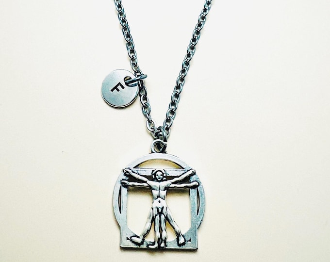 Vitruvian Man Necklace, Universal Men Pendant Necklace, Da Vinci Necklace, Vitruvian Jewelry Art Lovers Gifts for Her Science Gift