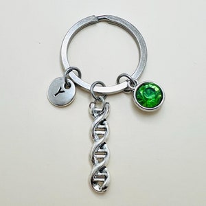 Könnte beinhalten: Silberner Schlüsselanhänger mit einem DNA-Helix-Anhänger, einem grünen Edelstein und einer kleinen Scheibe mit dem Buchstaben "Y". Der Schlüsselanhänger ist aus Metall und hat einen kreisförmigen Ring zum Befestigen von Schlüsseln. Der grüne Edelstein ist rund und facettiert.