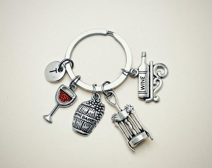 Initial Wine Keyring, Hand Stamped Keyring, Wine Keyring, Wine Lover, Wine Keychain, Charm Keyring,Wine Gifts,Personalised Keyring,
