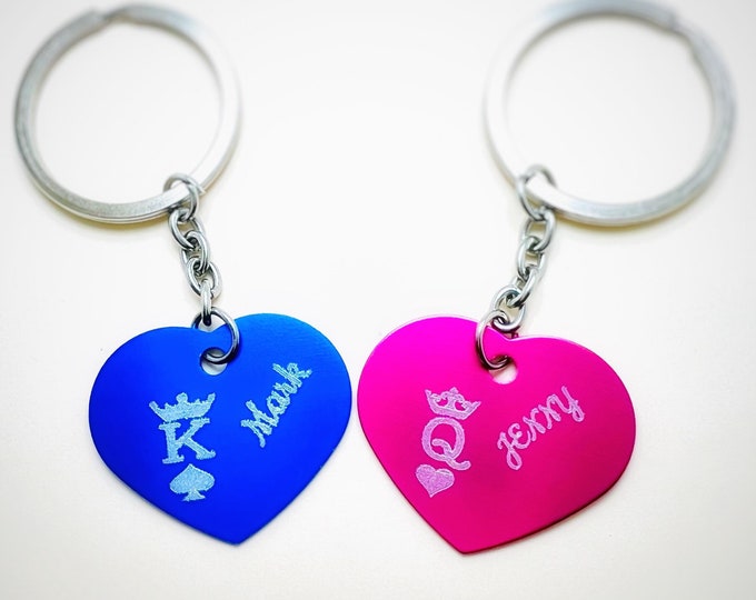 king queen couple key ring,chess gifts,personalized with royal couple,Duo of personalized key rings with king of spades and queen of hearts,