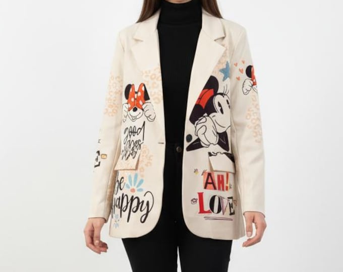 Minnie Mouse print jacket, good vibes print, made in Italy, gift for her, women's jacket, gifts for girls, Minnie Love jacket