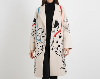 Long jacket with 101 Dalmatians print, Dalmatian print, made in Italy, gift for her, jacket for women, gifts for girls, dog jacket