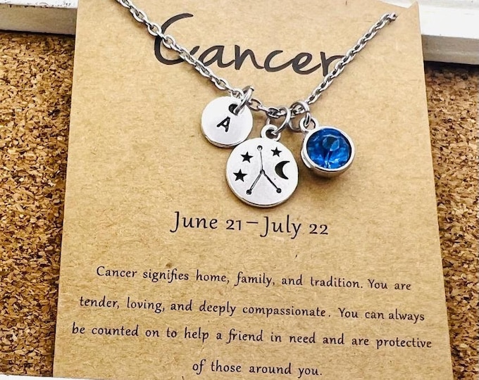 Cancer zodiac Necklace,Cancer Constellation Necklace,Personalized Birthstone Initial,July Jewelry Gift Idea for Women