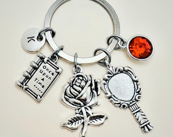 Beauty and the Beast Keyring, Belle Keyring, Little Charm Book, Initial and colored gem, once upon a time