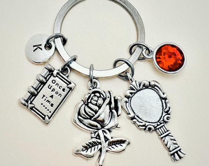 Beauty and the Beast Keyring, Belle Keyring, Little Charm Book, Initial and colored gem, once upon a time
