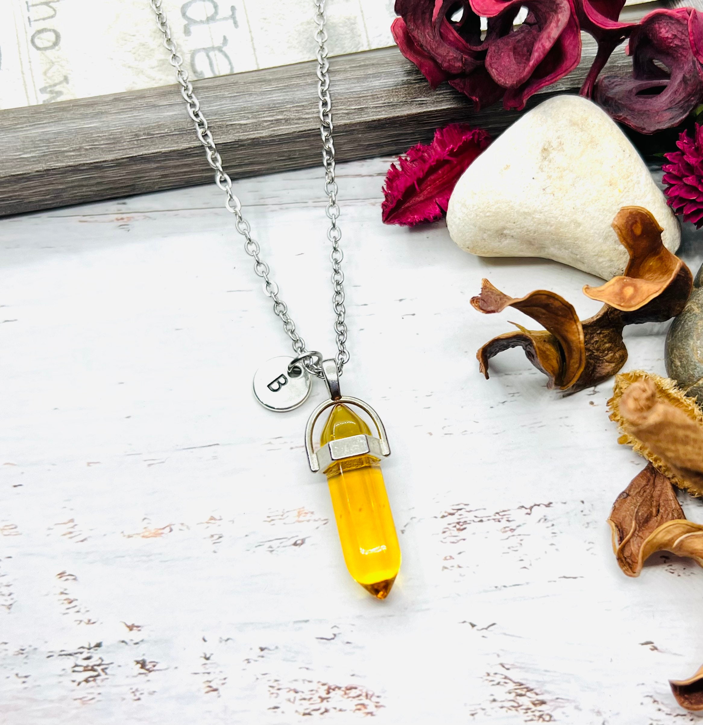REIKI CRYSTAL PRODUCTS Indian Citrine Pendant Pencil Pendant Crystal Pendant  Pencil Shape Stone Pendant Reiki Healing Pendant With Silver Polish Metal  Chain Healing Stone Pendant With Chain - Yellow Pendant Citrine Crystal