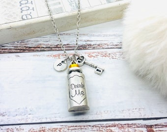 Necklace with bottle Charm pendant for Alice in Wonderland, drink me, Alice, key, personalized glue, initial letter