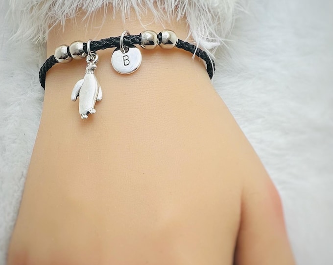 Penguin Bracelet, Penguin Gifts, Penguin Jewelry, Penguin Rope Bracelet, Black Bracelet, Kids, Children, Women, Men, Animal, Penguin