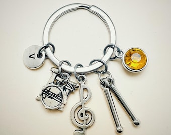 Treble Clef and Drumsticks Keychain, Personalized Initial Birthstone Keychain, Drummer Keychain, Drum Keychain, Musician Keychain,