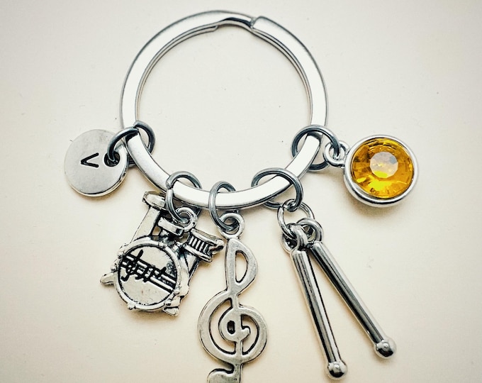 Treble Clef and Drumsticks Keychain, Personalized Initial Birthstone Keychain, Drummer Keychain, Drum Keychain, Musician Keychain,